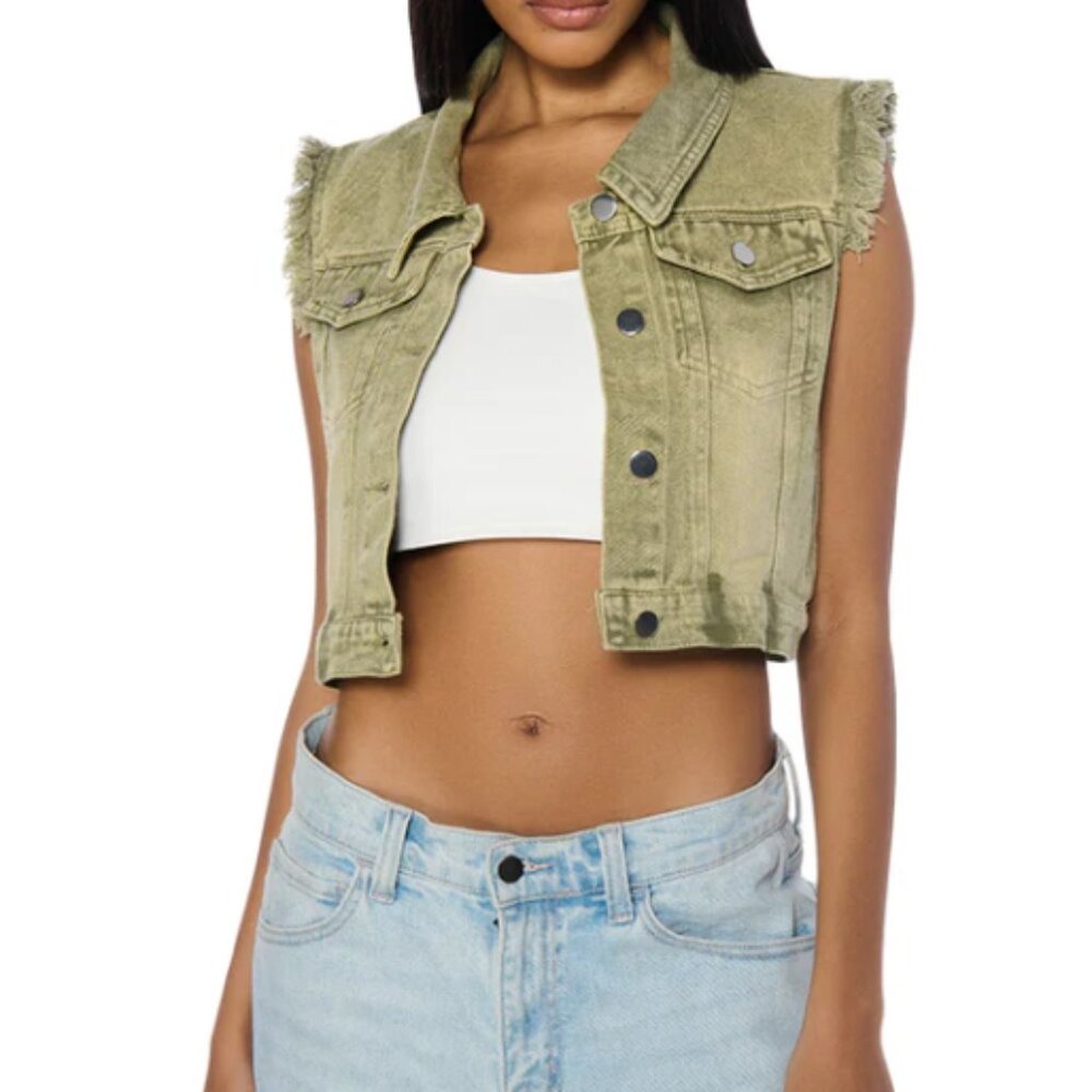 Callie Lives Miz Stone Washed AKIRA Olive Denim Crop Vest S M L XL - Picture 6 of 7